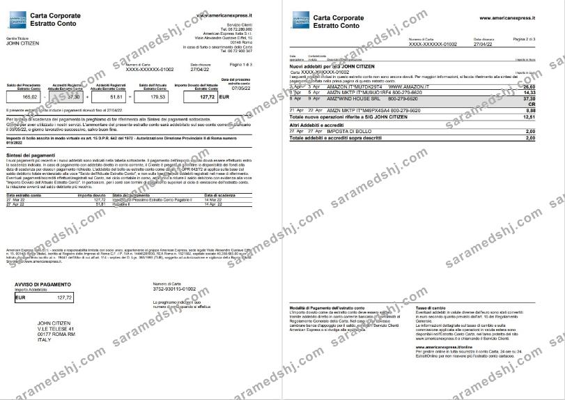 Italy American Express Amex card statement 3 pages
